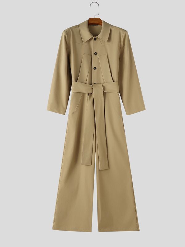 Men's Avant-Garde High Street Belted Button Front Wide Leg Jumpsuit SKUL80612