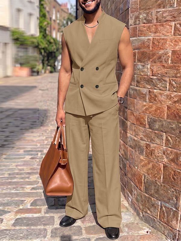 Men's Elegant Double-Breasted Stand Collar Two Pieces Outfit SKUL77311