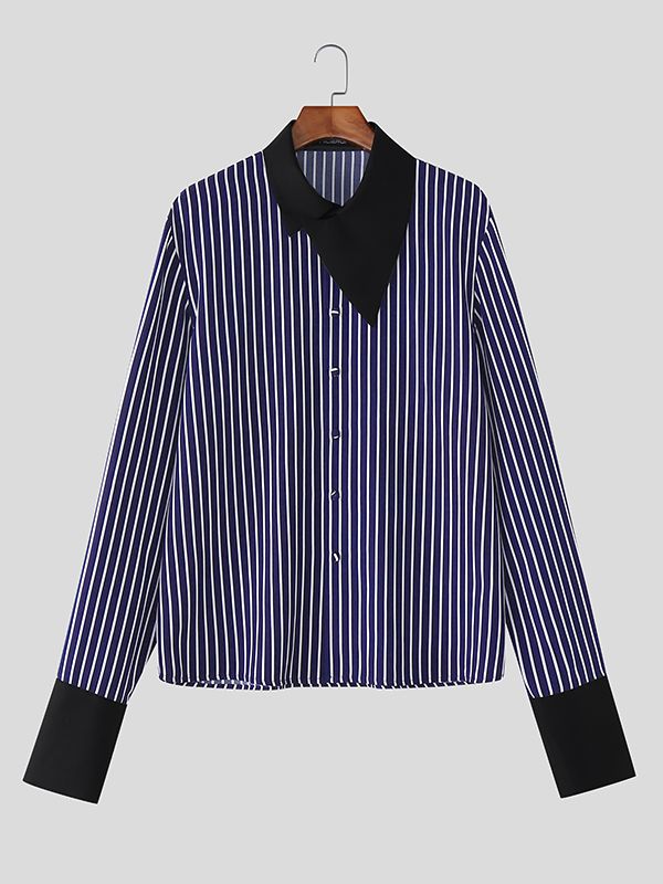 Men's Stripe Asymmetric Collar Long Sleeve Shirt SKUL42794