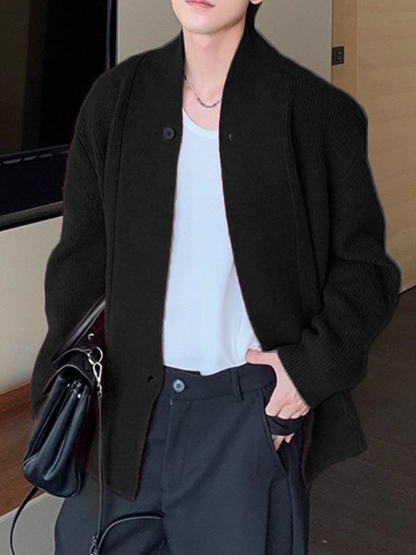 Men's Solid Color Knit Lapel Long Sleeve Cardigan SKUL32792