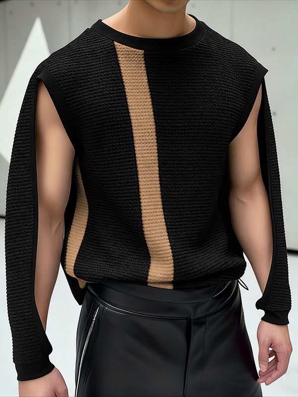 Men's Striped Contrast Color Cut Out Long Sleeve T-shirt SKUL46556