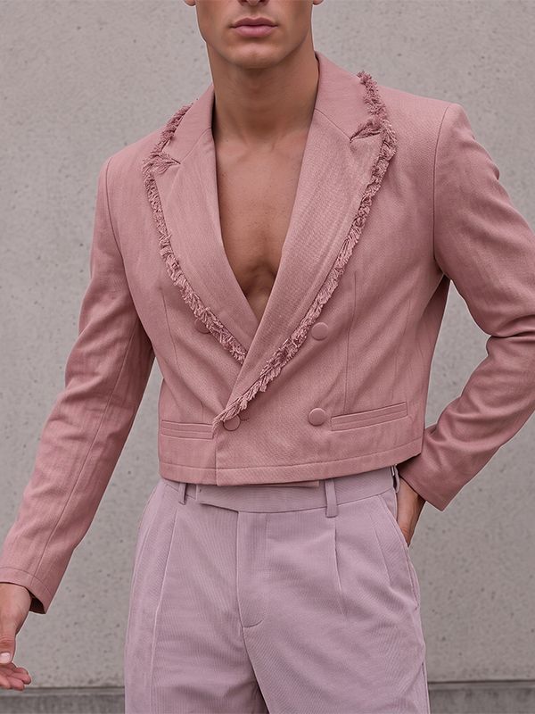 Men's Avant-Garde Cocktail Party Raw Fringe Trim Double Breasted Long Sleeve Cropped Blazer SKUL78334