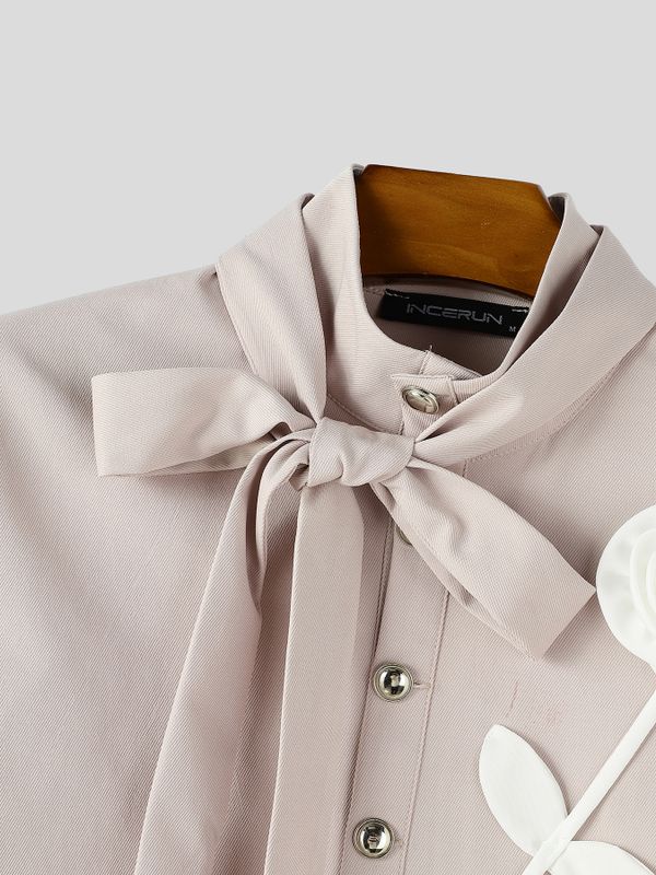 Men's Avant-Garde Runway 3D Rose Flower Applique Cascading Bow Tie Long Sleeve Waist Length Cropped Jacket SKUL81826