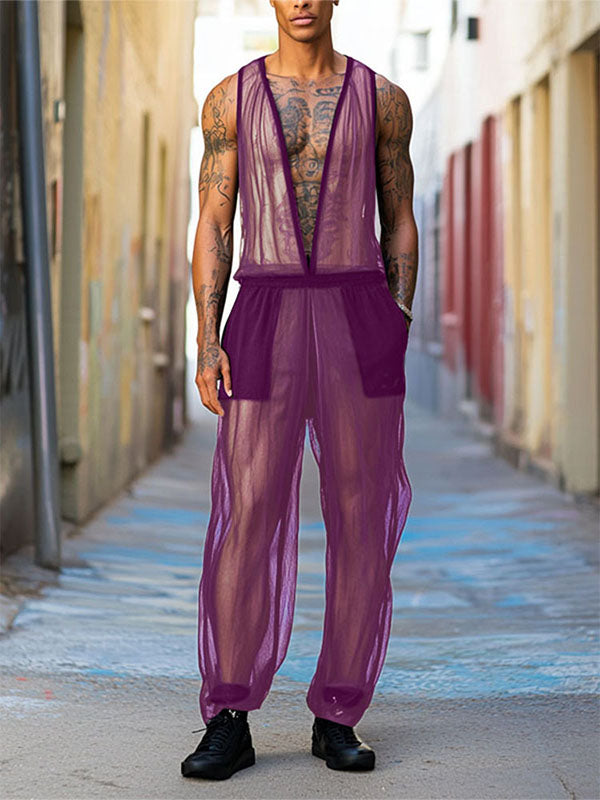 Mens Solid Color Sheer Mesh Jumpsuit SKUL11900