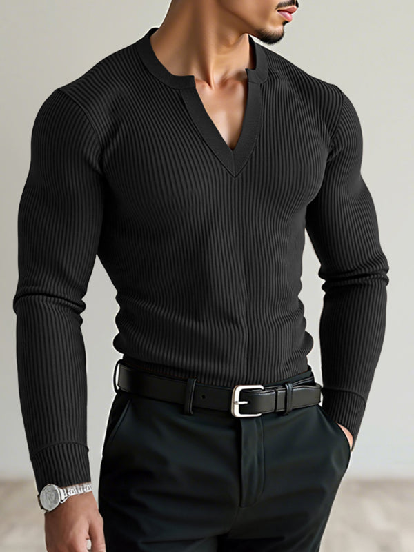 Men's Solid Color Knit Ribbed Long Sleeve T-Shirt SKUL28252