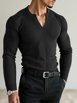 Men's Solid Color Knit Ribbed Long Sleeve T-Shirt SKUL28252