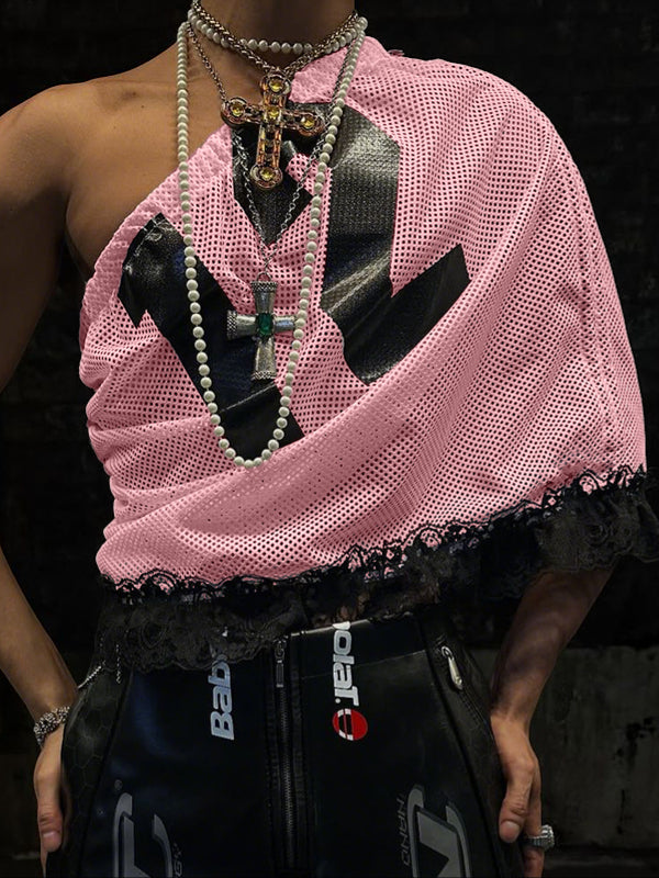 Men's Lace Mesh Patchwork Number Print Bandeau Tank SKUL54411