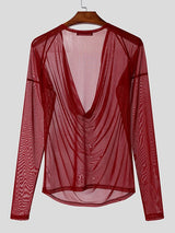 Men's Sheer Mesh Cowl Neck Long Sleeve T-shirt SKUL41054