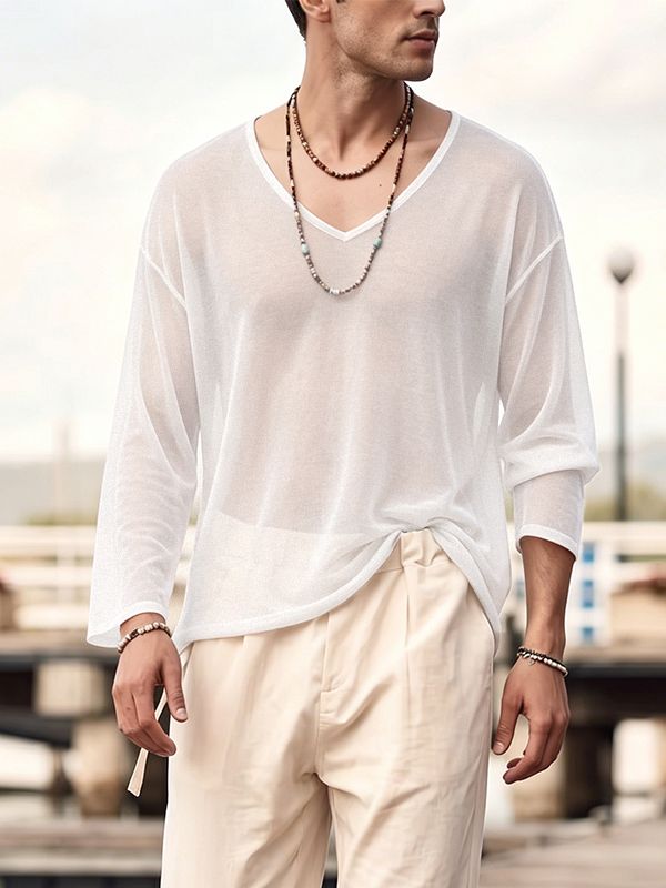 Men's Beach Resort Sheer Lightweight Deep V-Neck Long Sleeve T-shirt SKUL72650