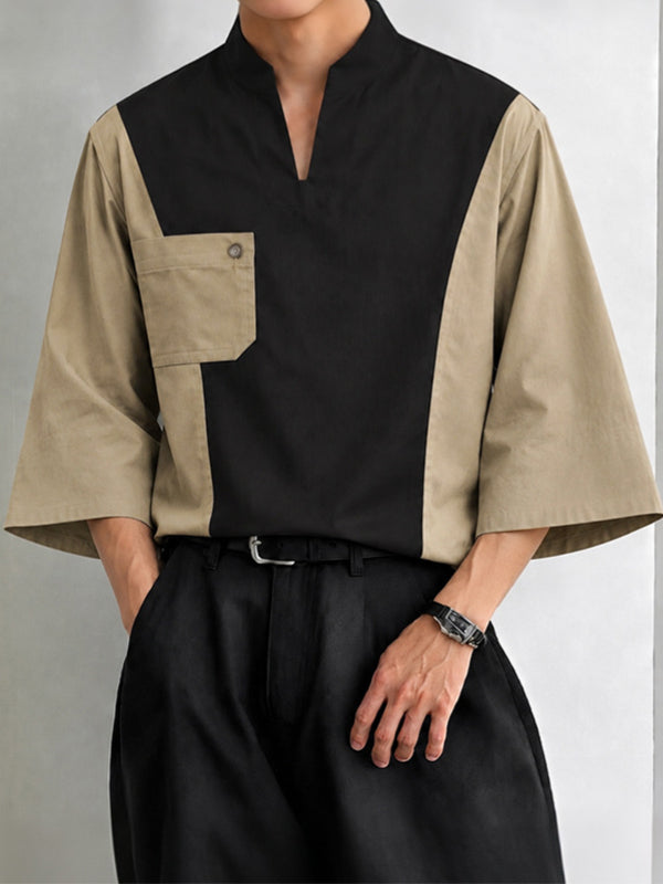 [Pre-order] Men's Zen Minimalist Art Exhibition Colorblock Notch V-Neck Half Sleeve Shirt SKUL88417