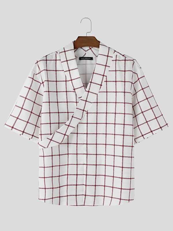 Men's Asymmetric Placket Plaid Frog Button Half Sleeve Shirt SKUL61924