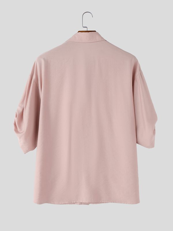 Men's Vintage Casual Textured Buttonless Half-Open Placket Short Sleeve Shirt SKUL71287