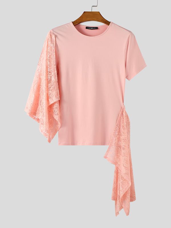 Men's Solid Color Lace Patchwork Knitted Short Sleeve T-shirt SKUL42802