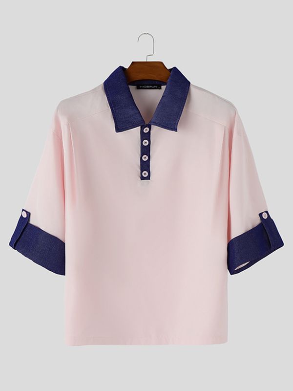 Men's Vintage Cityboy Aesthetic Contrast Cuffed Sleeve Shirt SKUL62092