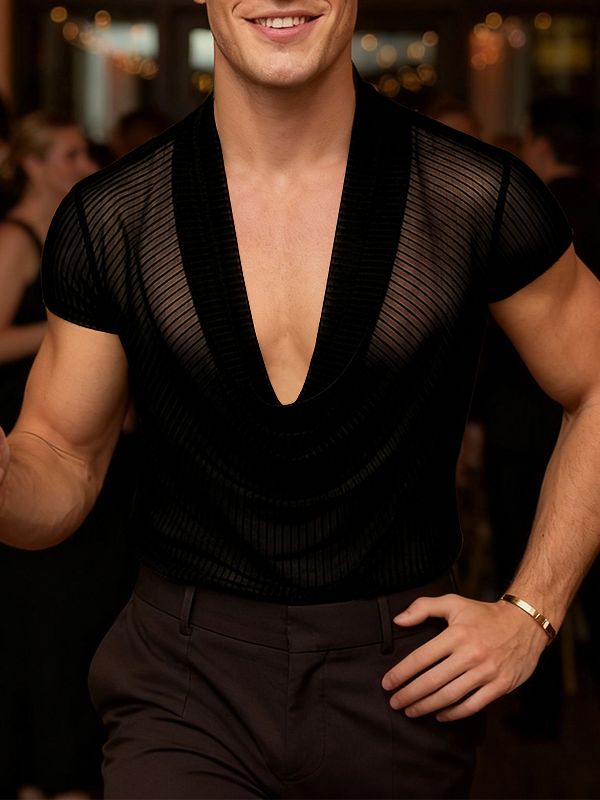 Men's Avant-Garde Sheer Deep Draped Cowl Neck Slim Fit T-shirt SKUL54626