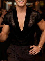 Men's Avant-Garde Sheer Deep Draped Cowl Neck Slim Fit T-shirt SKUL54626