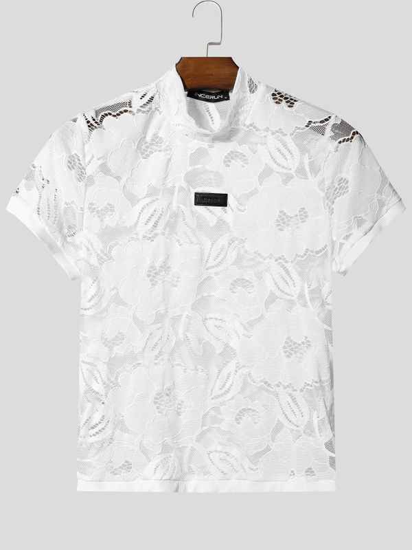 Men's Avant-Garde Semi-Sheer Floral Lace Mock Neck T-shirt SKUL58774
