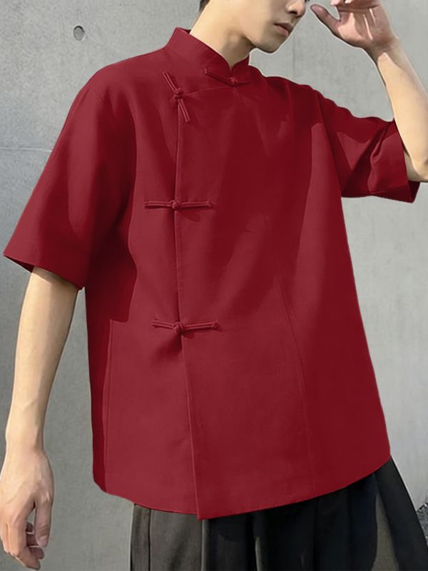 Men's Solid Color Asymmetric Frog Button Loose Shirt SKUL54547