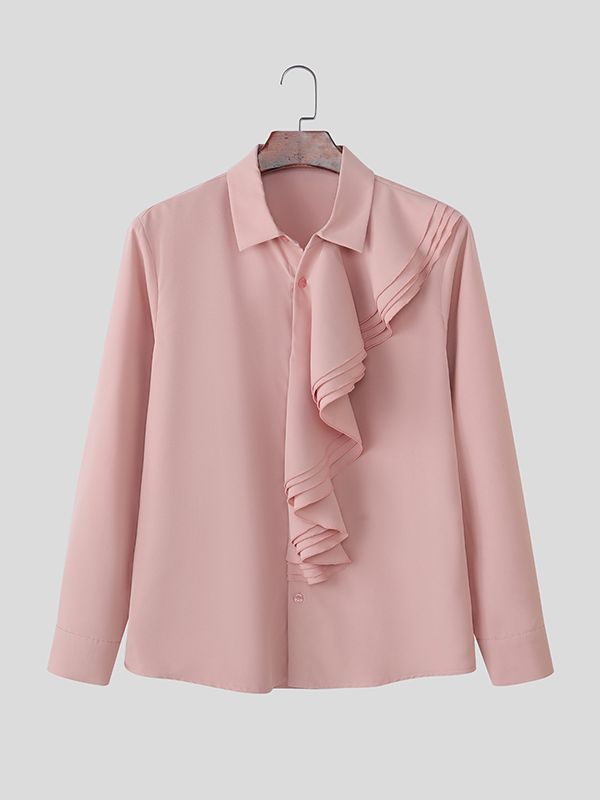 Men's Solid Color Ruffle Patchwork Long Sleeve Shirt SKUL42286