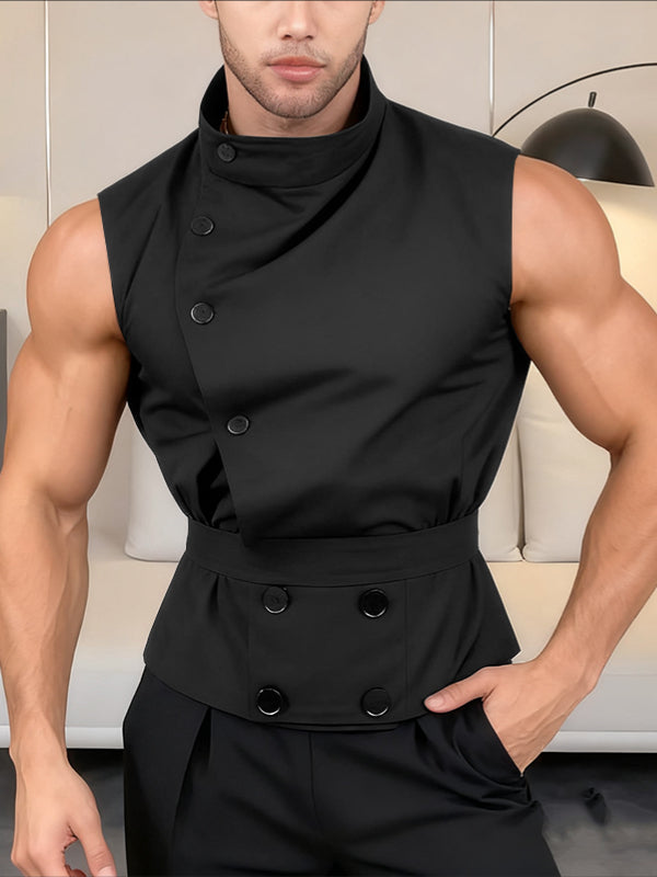 Men's Solid Button Stand Collar Sleeveless Shirt SKUL40117