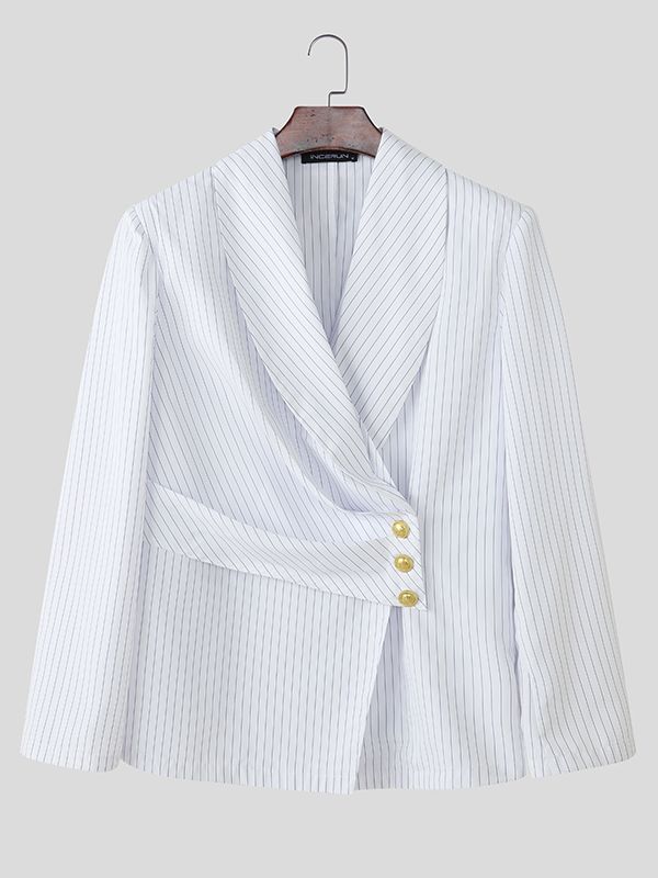 Men's Asymmetrical Placket Striped Metal Button Long Sleeve Blazer SKUL43977