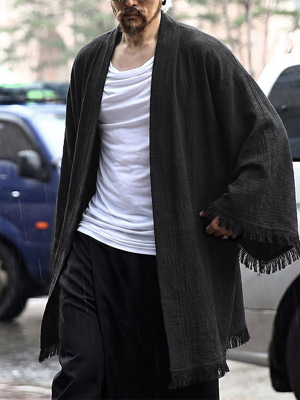 Men's Modern Neo-Chinese Deconstructed Fringe Hem Relaxed Kimono Cardigan SKUL72501