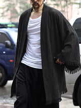 Men's Modern Neo-Chinese Deconstructed Fringe Hem Relaxed Kimono Cardigan SKUL72501