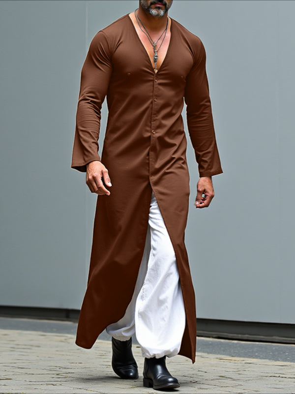 Men's Solid Color Long Hem Casual Long Sleeve Shirt SKUL31877