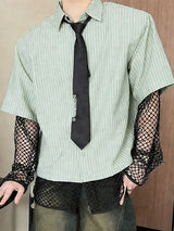 Men's Vertical Pinstripe Mesh Patchwork Layered Design Fishnet Sleeve Shirt SKUL54010