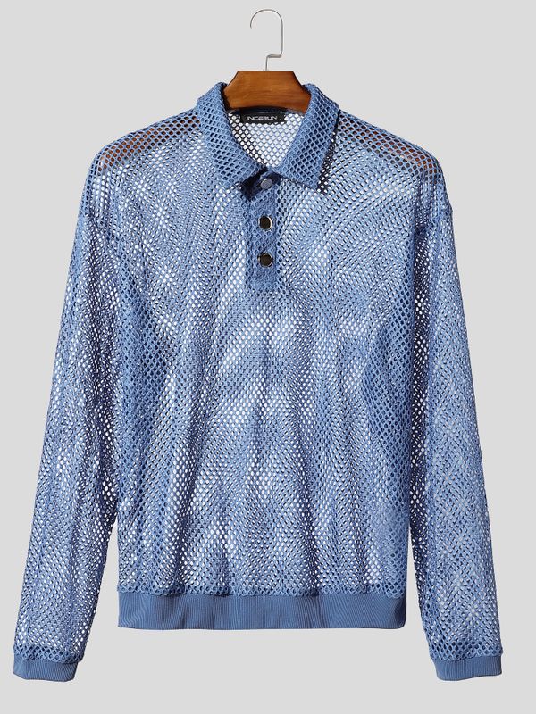 Men's Sexy Beach Vacation See-Through Fishnet Mesh Knit Long Sleeve Polo Collar Shirt SKUL83117