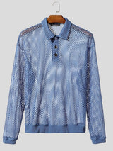 Men's Sexy Beach Vacation See-Through Fishnet Mesh Knit Long Sleeve Polo Collar Shirt SKUL83117