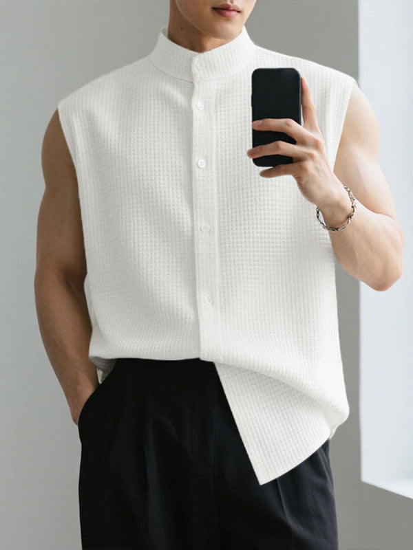 Men's Solid Color Waffle Knit Sleeveless Shirt SKUL22602