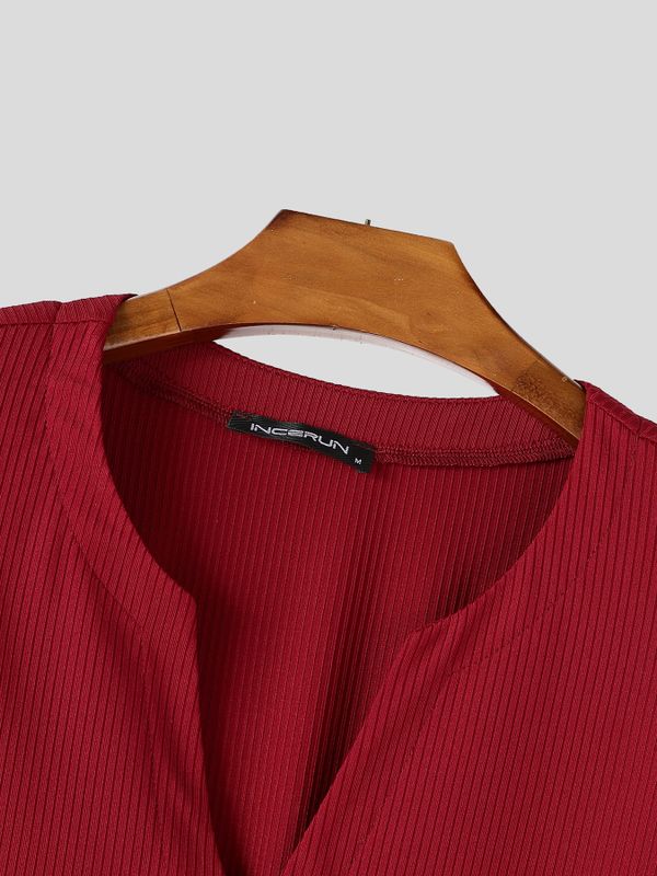 Men's Avant-Garde Minimalist Ribbed Deep V-Neck Wide Sleeve T-shirt SKUL81108
