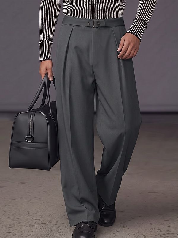 Men's High-End Urban Casual Deep Front Pleat Built-in Belt Wide Leg Pant SKUL78963