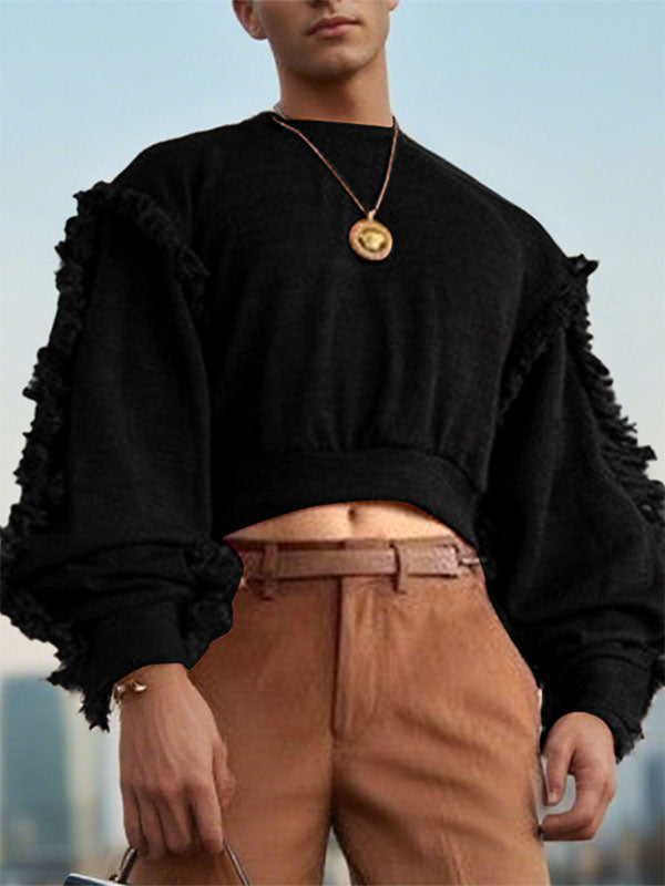 Men's Tassel Patchwork Cropped Long Sleeve Sweatshirt SKUL27424