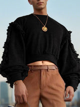 Men's Tassel Patchwork Cropped Long Sleeve Sweatshirt SKUL27424