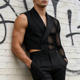 Men's Sheer Mesh Patchwork Asymmetric Sleeve Cropped Blazer SKUL56117