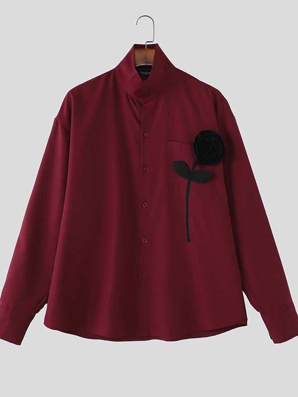 Men's Solid Color 3D Floral Patchwork Stand Collar Long Sleeve Shirt SKUL42665
