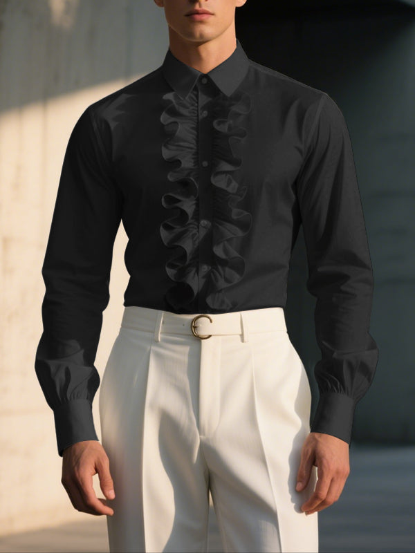 Mens Solid Color Ruffle Collar Long Sleeve Shirt SKUL27250