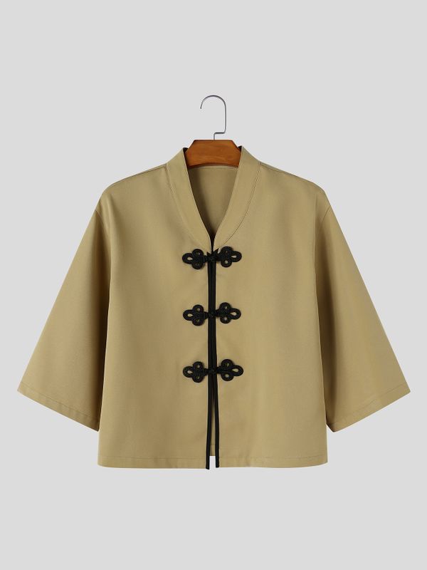 Men's Neo-Chinese Chic Tea Gathering Contrast Frog Button V-Neck Cropped Shirt SKUL86017