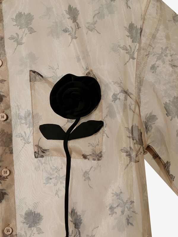 Men's Avant-Garde Sheer Floral Organza 3D Rose Appliqué Stand Collar Boxy Cropped Shirt SKUL75793