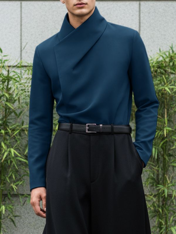 Men's Solid Color Asymmetric Placket Collar Long Sleeve Shirt SKUL50052