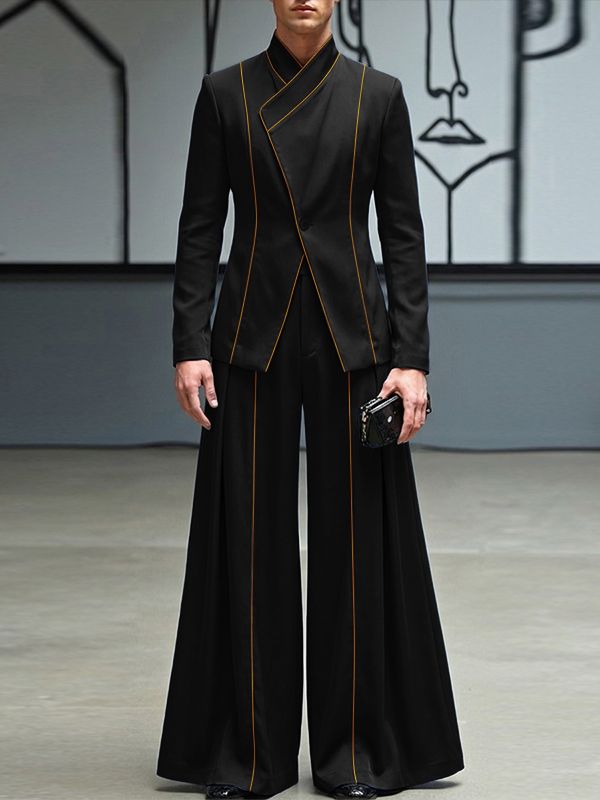 Men's Asymmetric Placket Contrast Trim Two Pieces Outfit SKUL50087