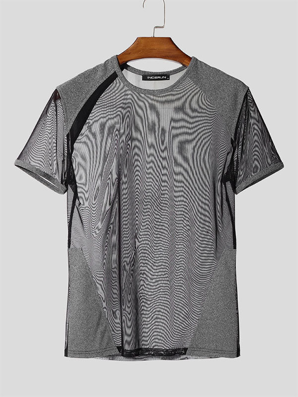 Mens Sheer Mesh Patchwork Short Sleeve T-Shirt SKUL14075