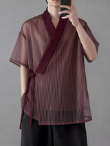 Men's Avant-Garde Sheer Organza Stripe Cross Wrap Tie Side V-Neck Cardigan SKUL62036