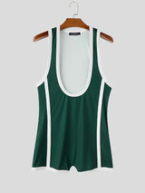 Men's Retro Contrast Piping Deep-U Muscle Fit Wrestling Singlet Bodysuit SKUL75689