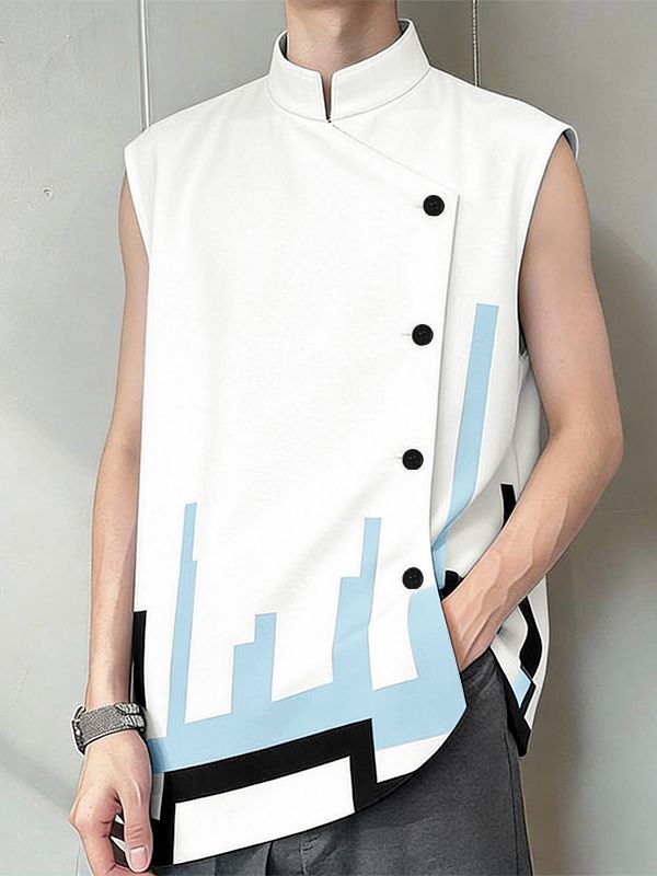 Men's Cyberpunk Pixel Geometric Block Asymmetric Diagonal Button Stand Collar Sleeveless Shirt SKUL61095
