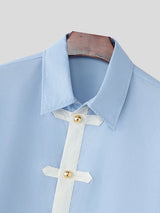 Men's Contrast Color Patchwork Gold Frog Button Lapel Short Sleeve Shirt SKUL61865