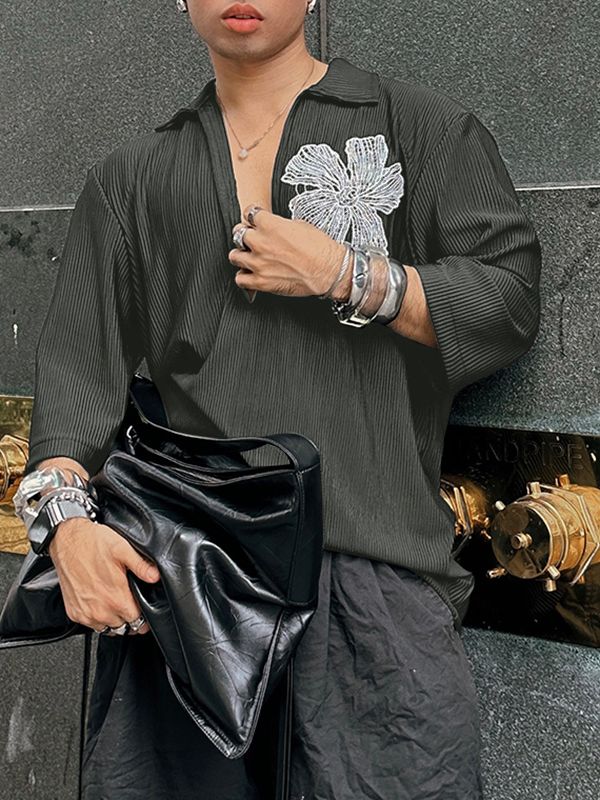 Men's Floral Embroidered Texture Long Sleeve Shirt SKUL31899