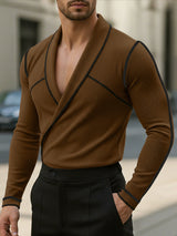 Men's Knit Color Block Trim Lapel Long Sleeve T-Shirt SKUL45325